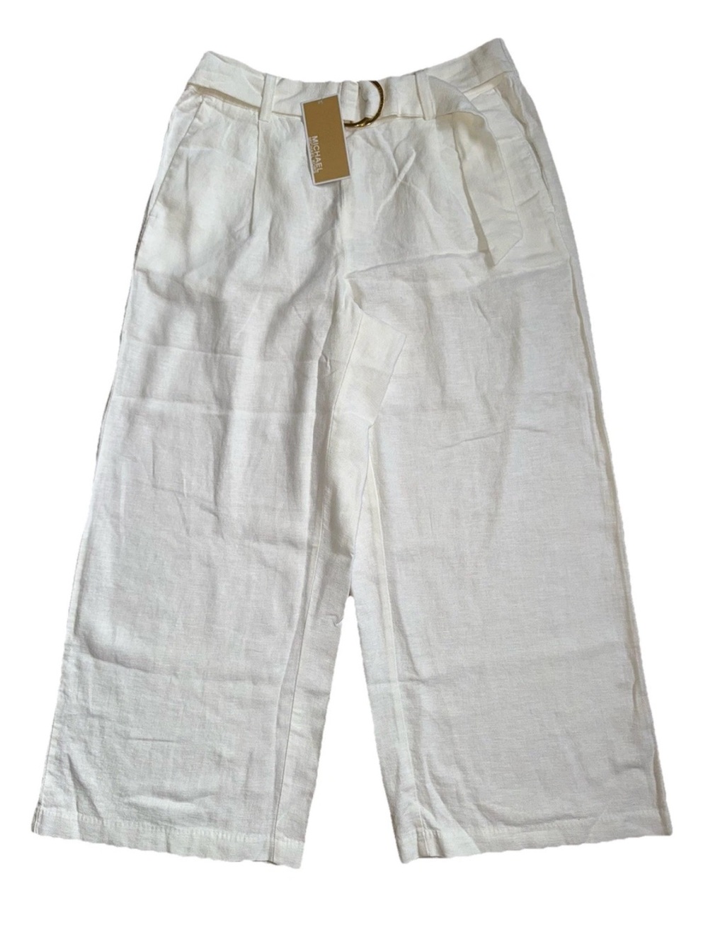 Michael Kors Women Sz S Wide Capri Pants Linen Built-In Belt With Golden Accent